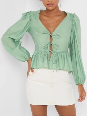 Topshop Light Green Tie-Front Peplum Blouse